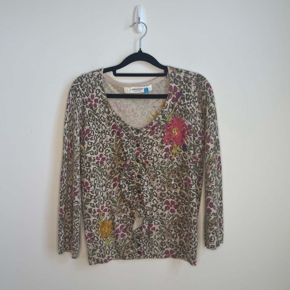 Anthropologie Sparrow Purrfect Posy Animal Print Floral Cardigan Sweater Size S